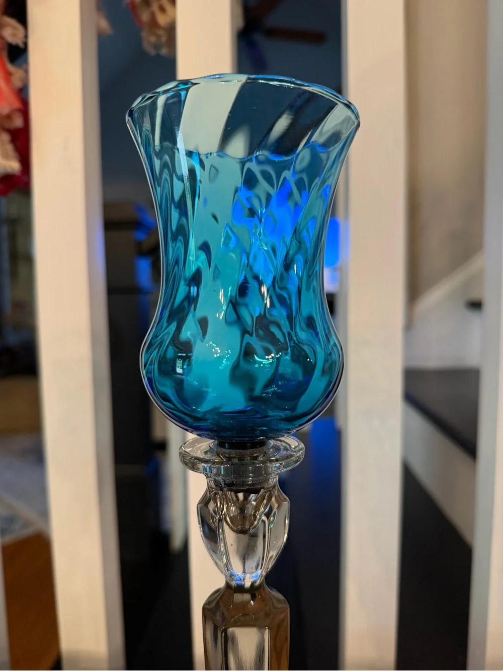 Vintage HOMCO Blue Optic Swirl Votive Holder with clear glass base